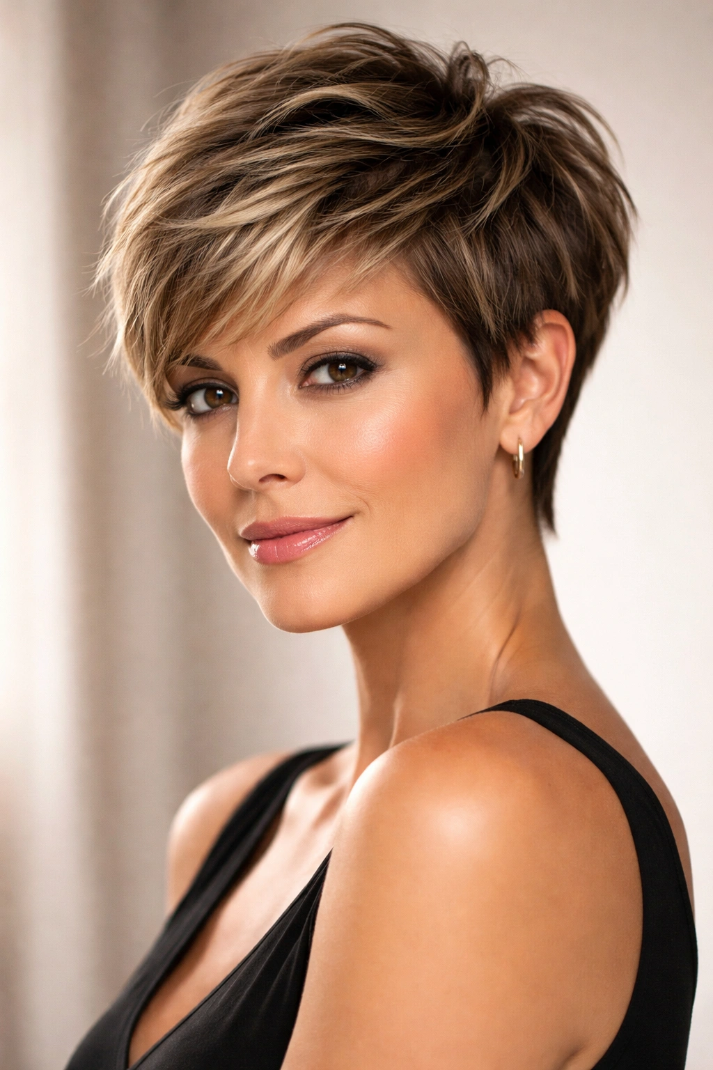Close-up of a woman with a textured short pixie for thick hair