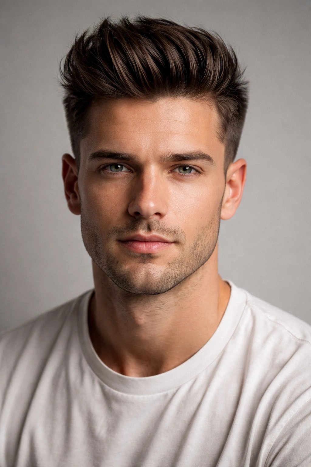 Short pompadour hairstyle with lifted top and tapered sides
