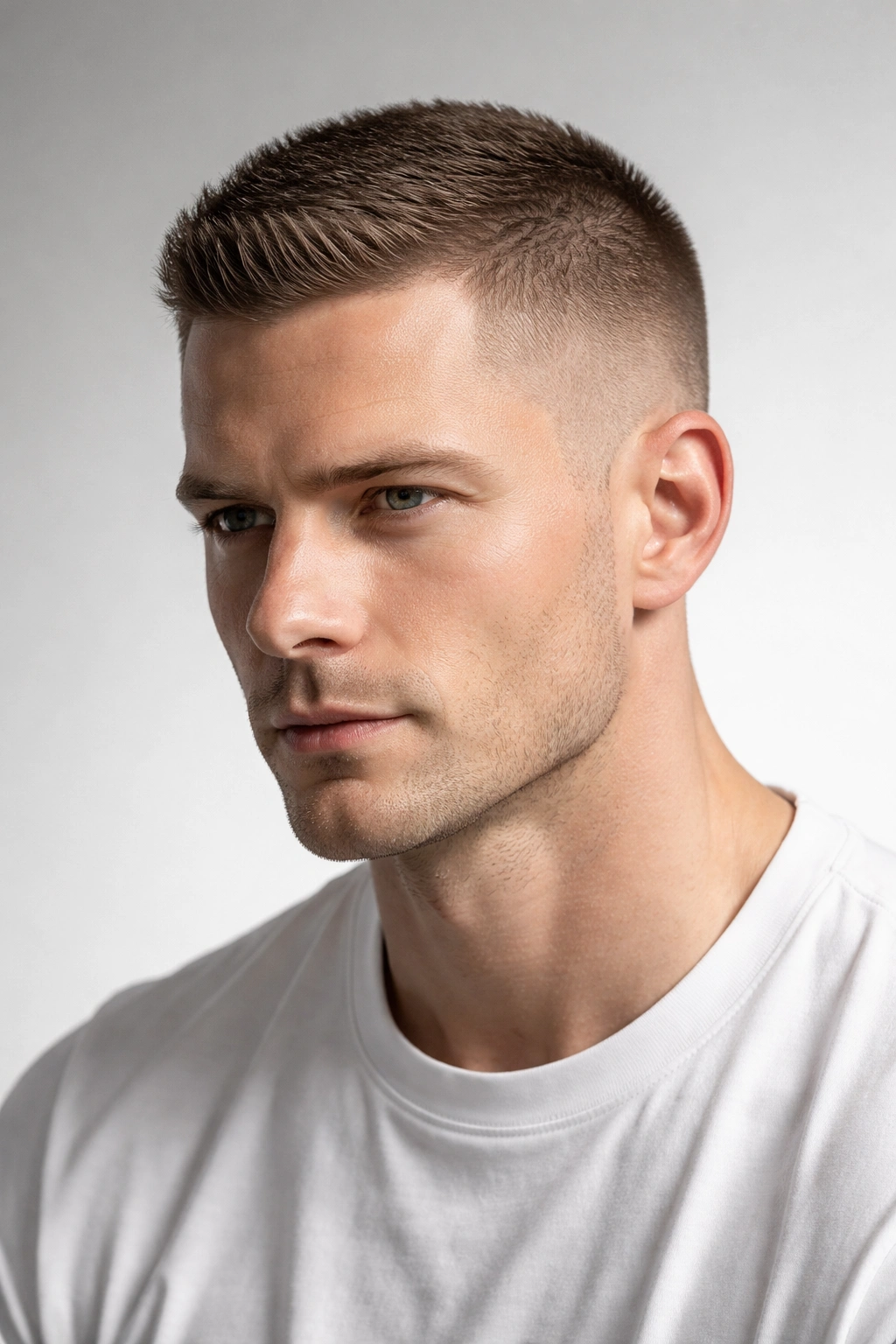 Close-cropped hairstyle with a subtle front lift reflecting military influence.