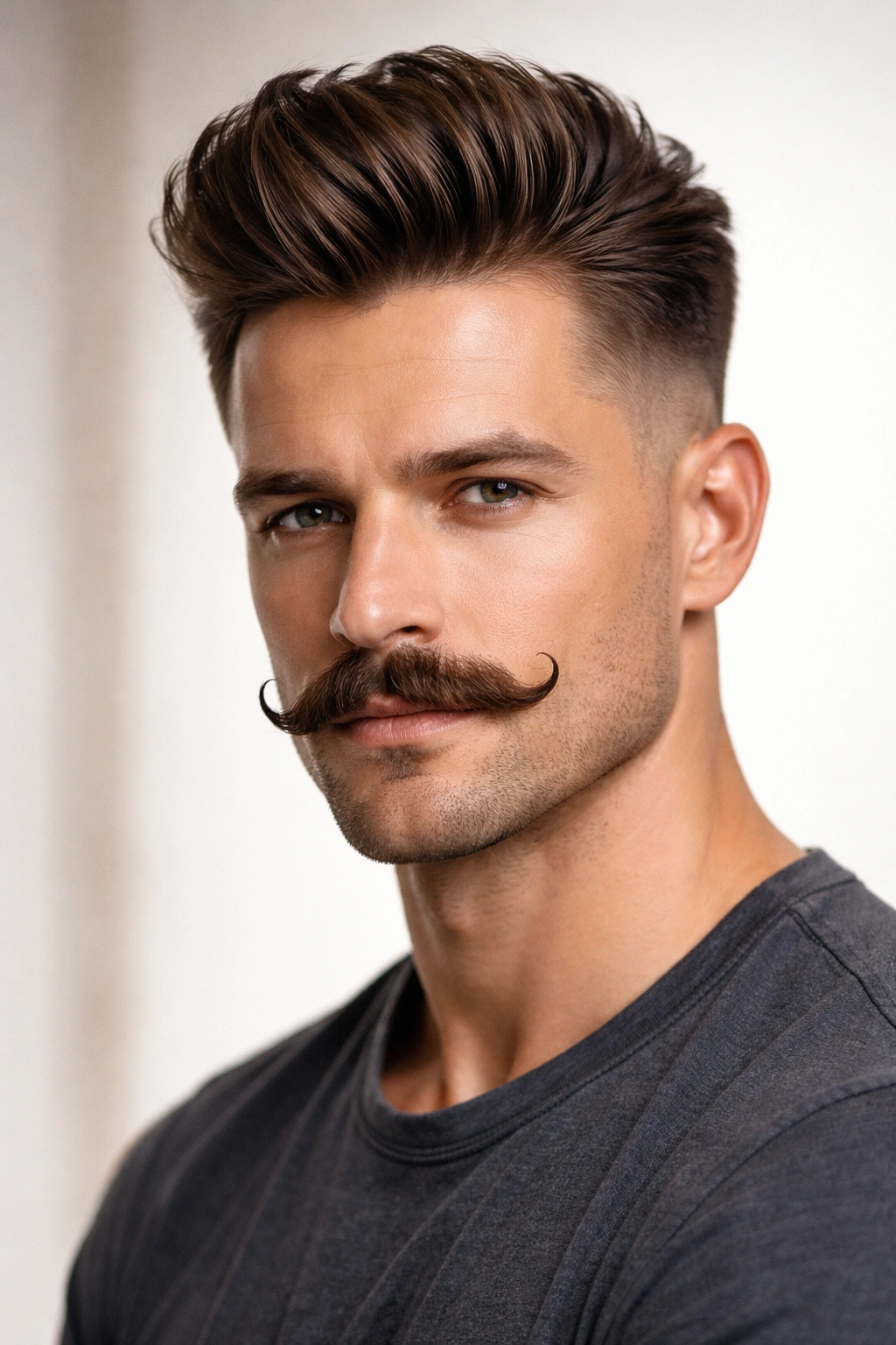 Short pompadour with styled mustache in a balanced vintage-modern look