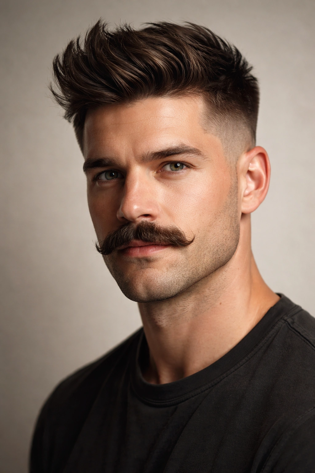 Close-up of short quiff with bold mustache and faded sides in studio lighting