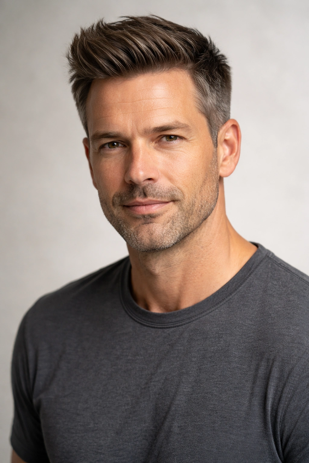 Man with a short quiff hairstyle lifted at the front