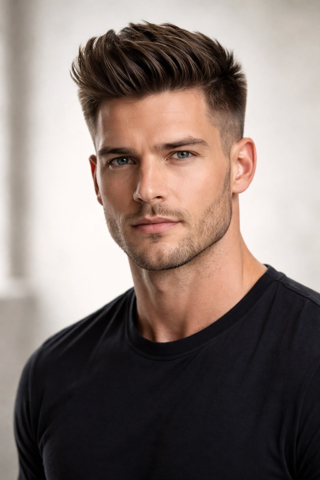 Man with short quiff and tapered sides in studio lighting