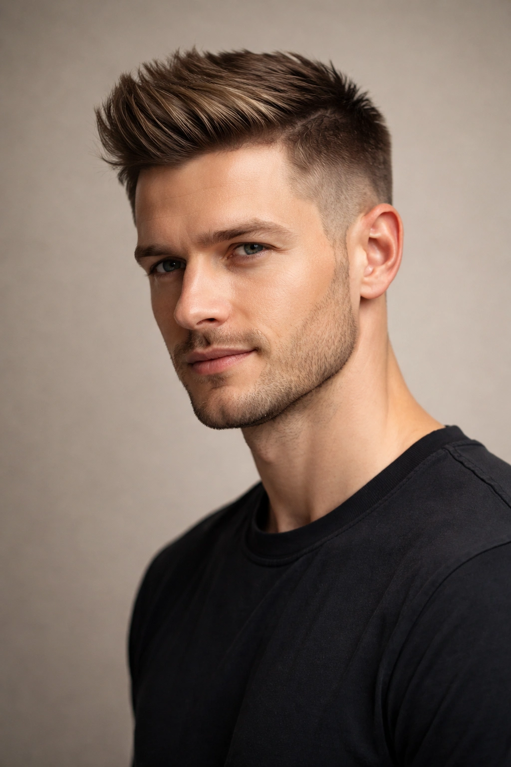 Close-up of a man with a Short Quiff featuring modest lift at the front