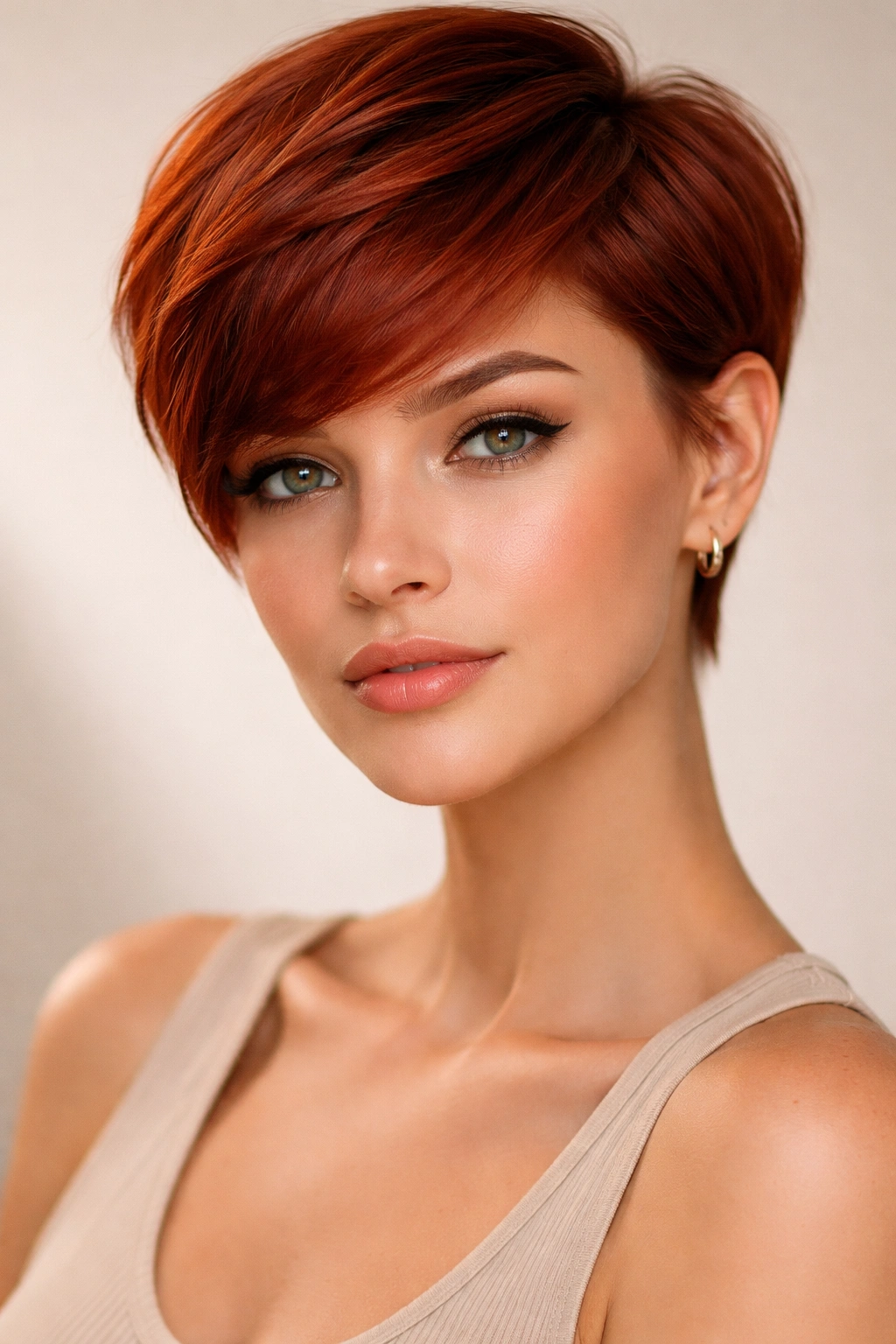 Close-up portrait of a person with a short copper-red haircut