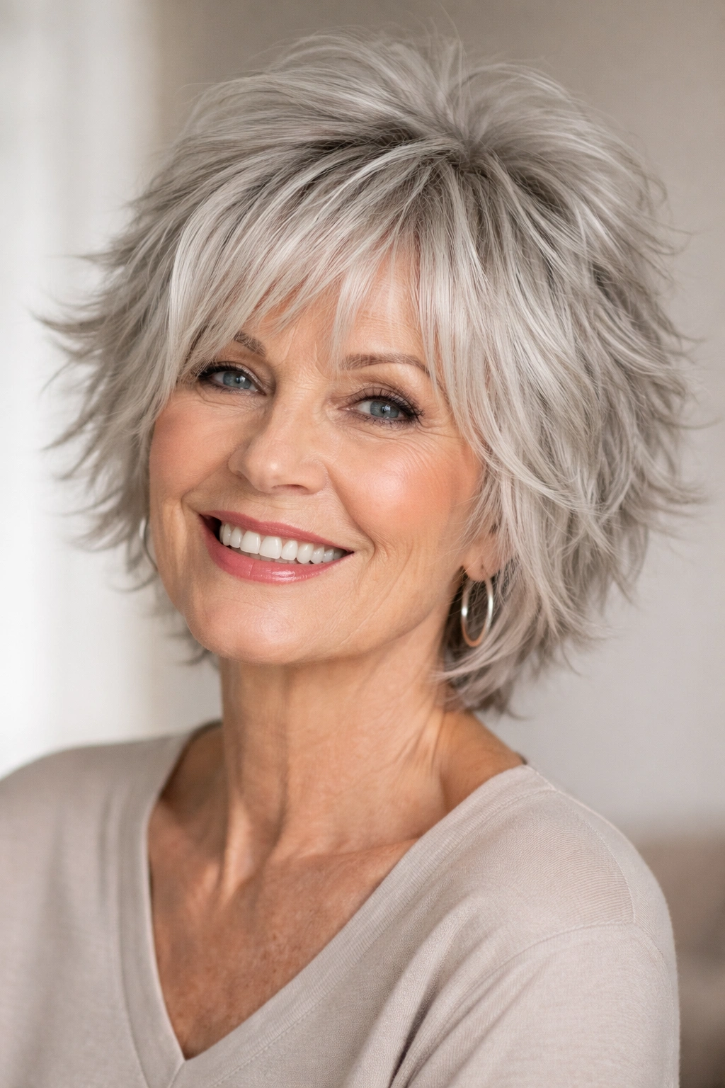 Portrait of a woman with a playful short shag and bangs