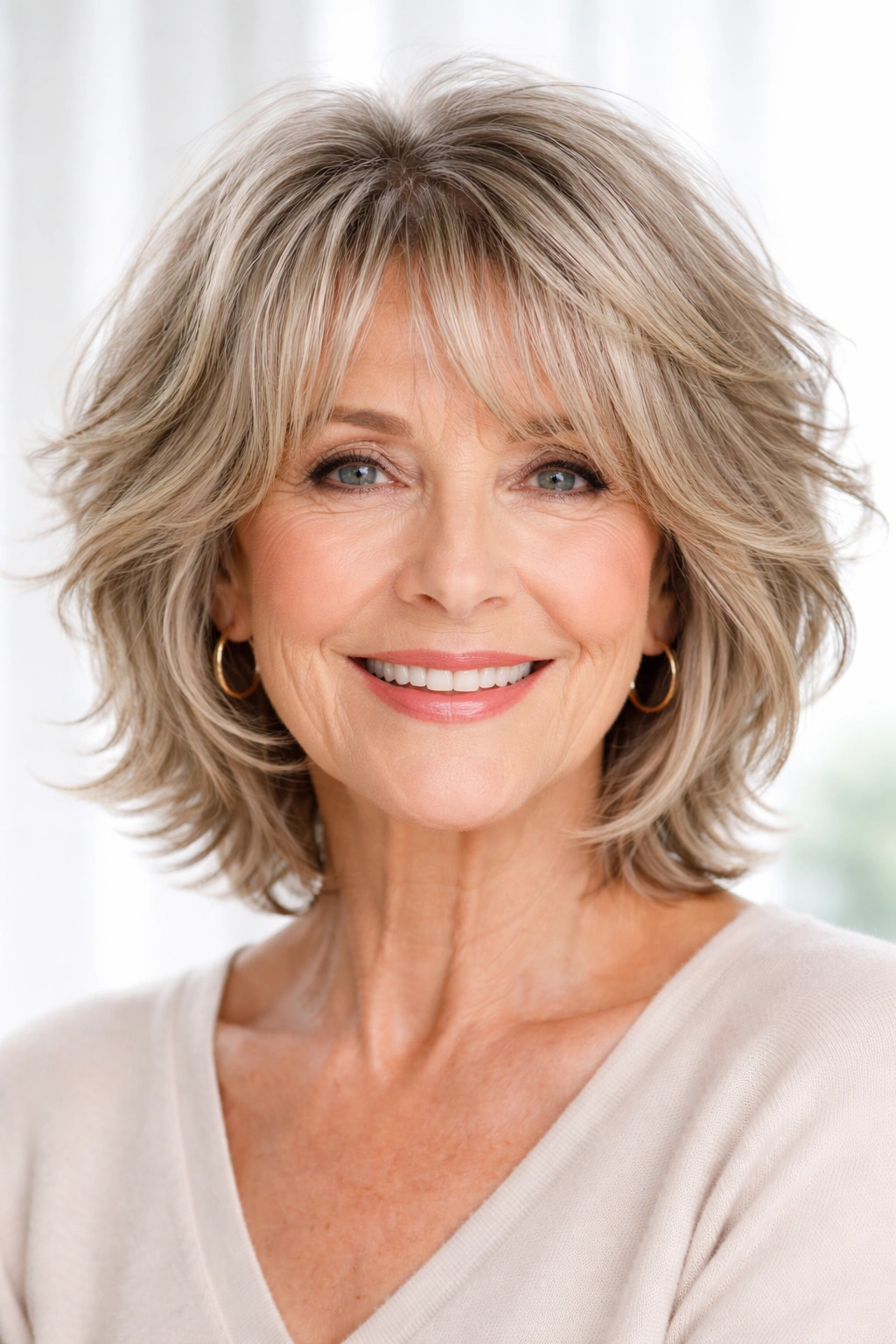 Short shag hairstyle with curtain bangs framing the face