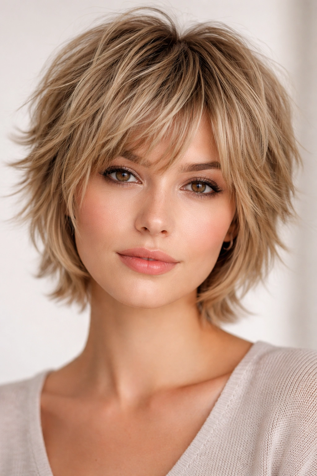Close-up of short choppy shag on fine hair showing dense layering