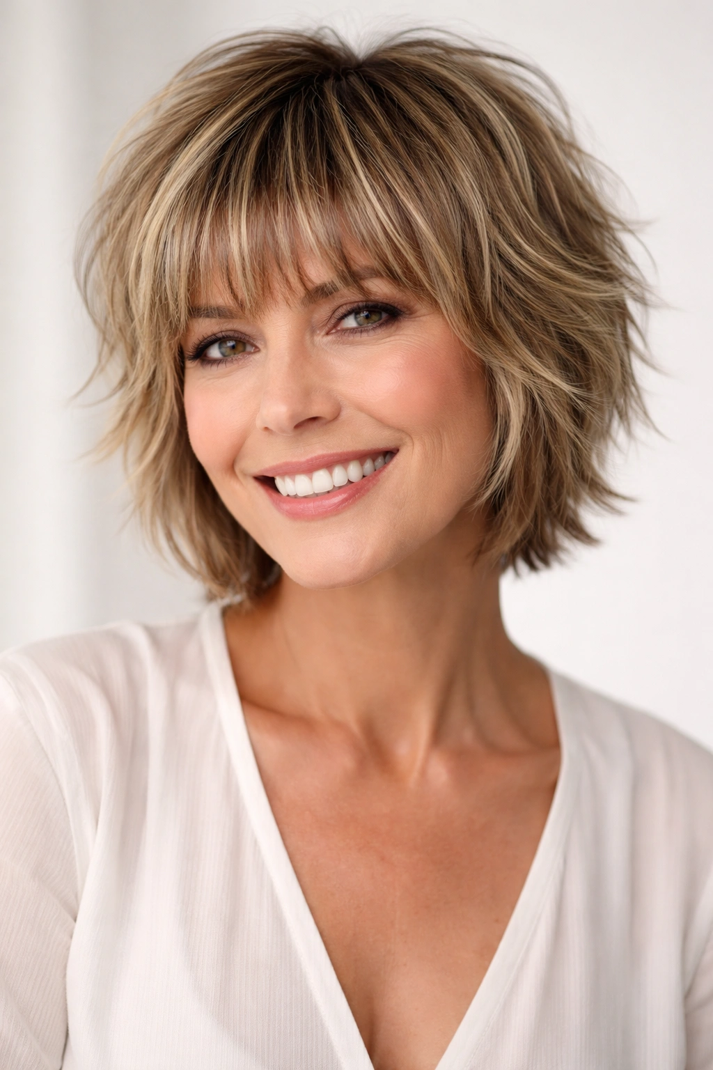 Portrait of a woman with a short shag and full fringe.