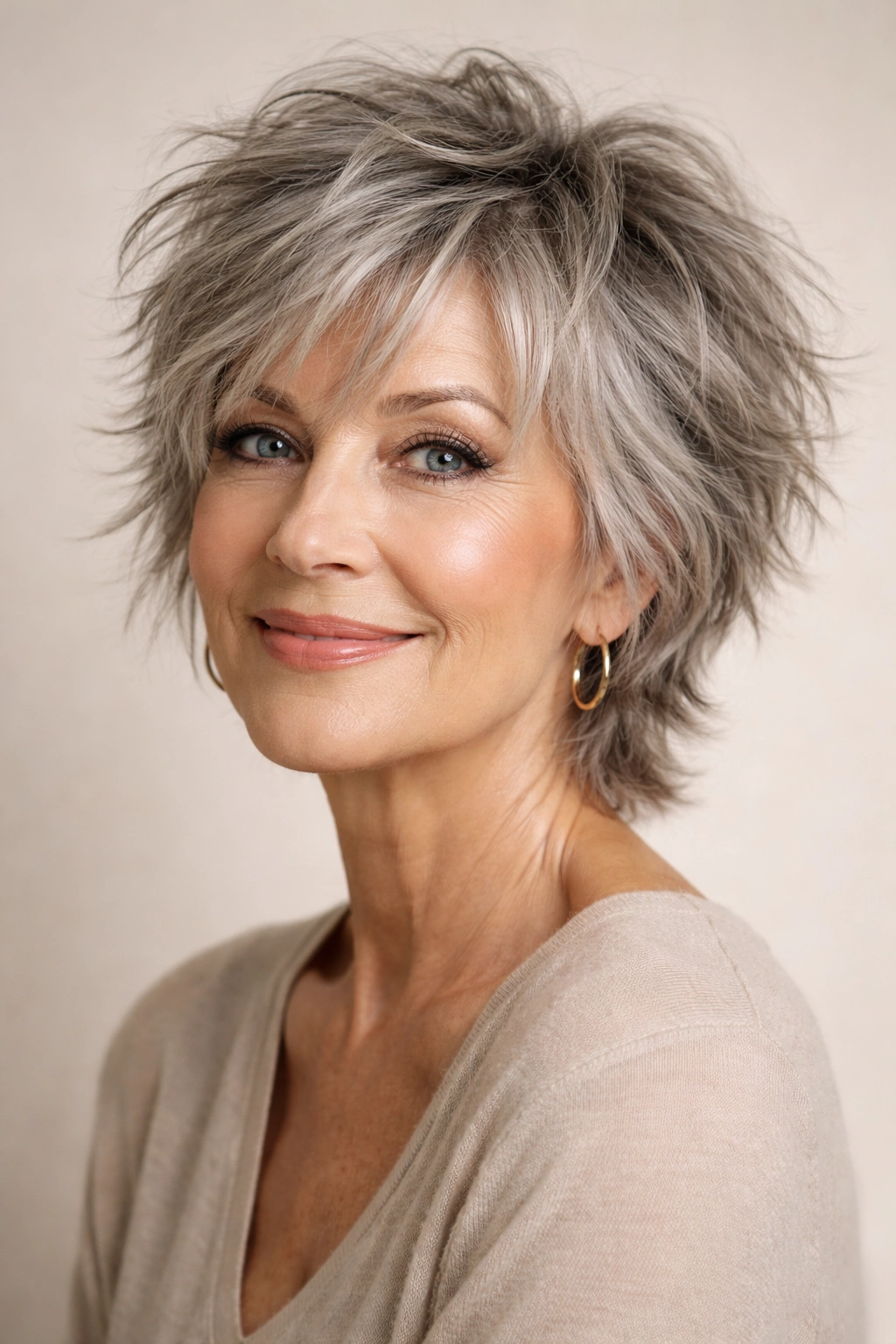 Close-up of a textured short shag hairstyle on a mature woman with gray hair