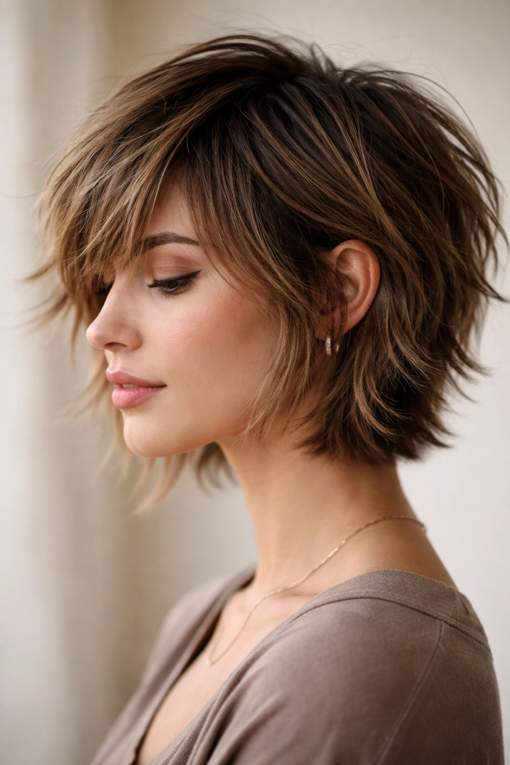 12 Short Shag Cuts With Side Swept Bangs 13 Close-up of a short shag haircut with side-swept bangs showing textured layers and movement