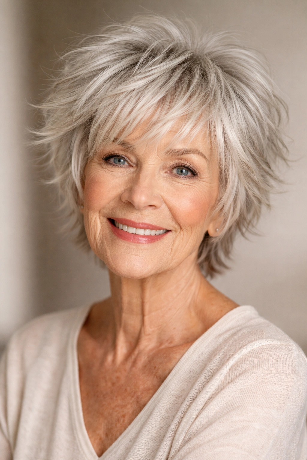 Close-up of a woman with a short shag hairstyle showing choppy layers and texture.