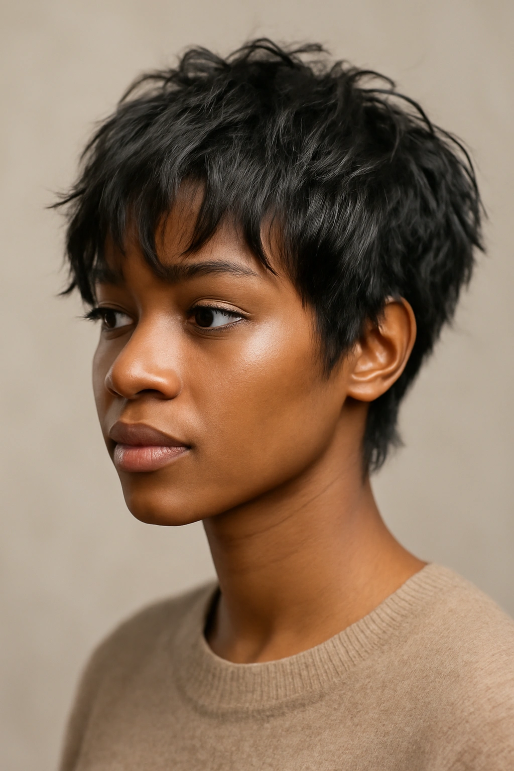 12 Short Relaxed Hairstyles Black Women Will Love 7 Close-up of a head with a short shag haircut showing textured layered waves on relaxed hair