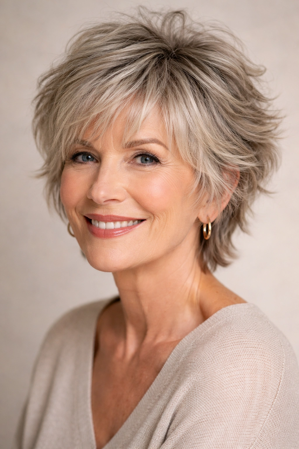 Head-and-shoulders portrait of a short shag with choppy layers