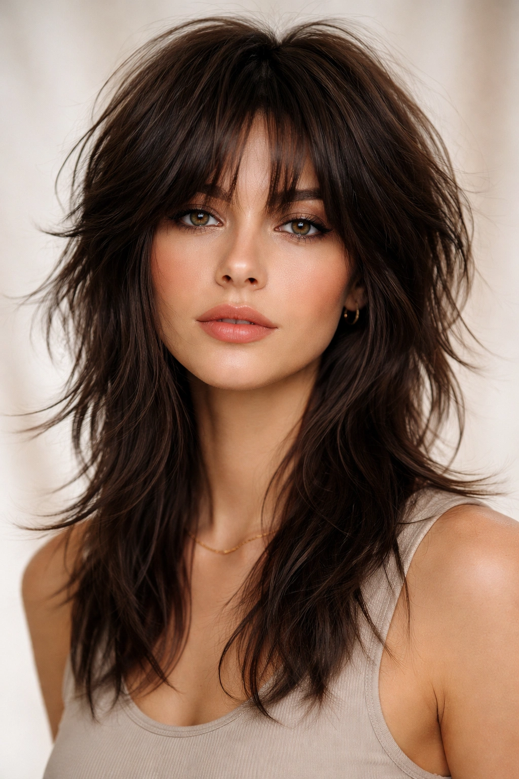 Close-up of a short shag with long fringe framing the face and a choppy back.