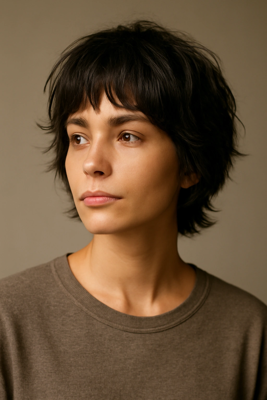 20 Short Shag Haircuts for Easy, Effortless Mornings 21 Contemplative portrait of a person with a short shag haircut