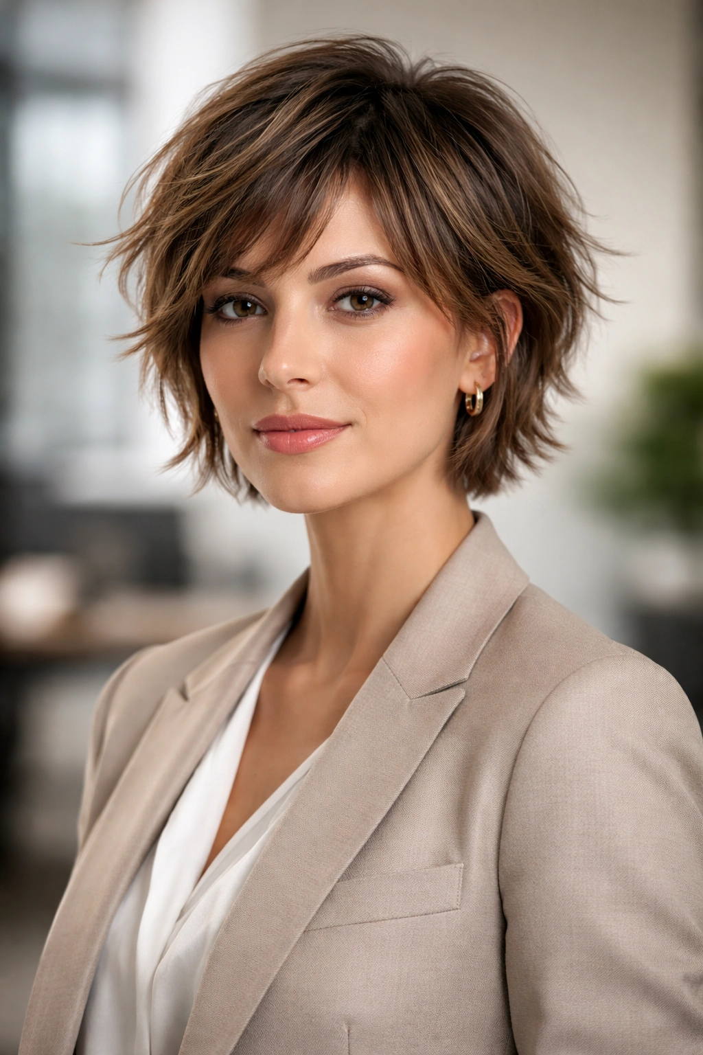Portrait of a person with a textured short shag in an office setting