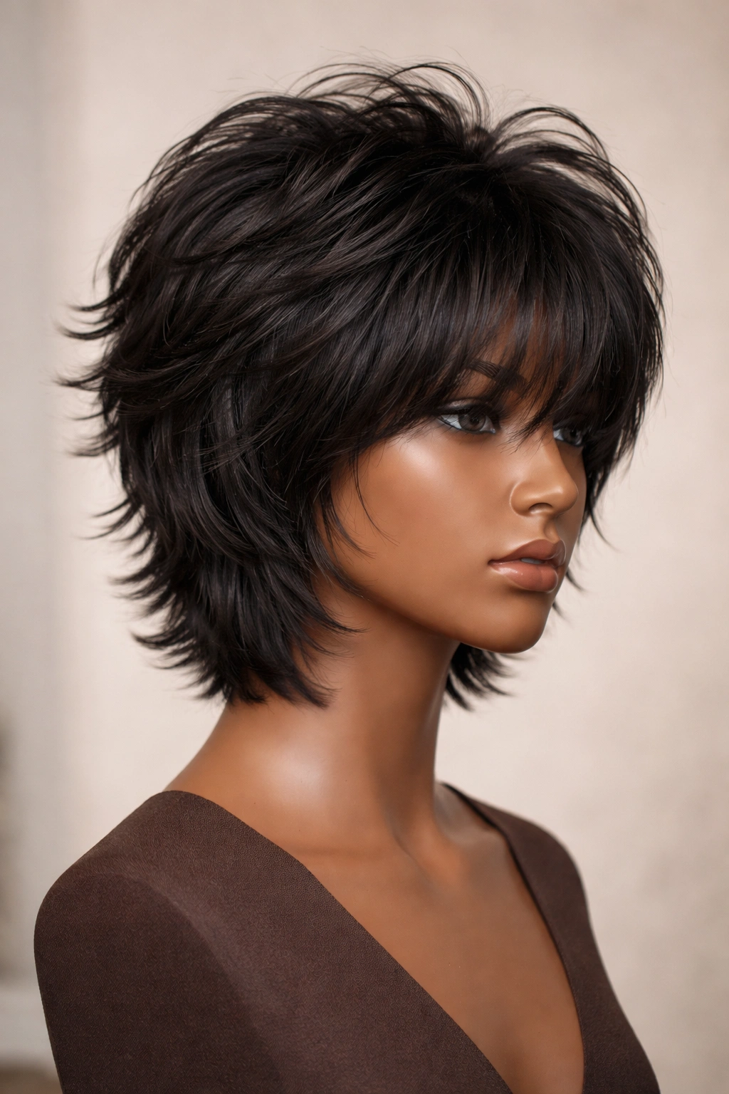 Short shag sew-in on a mannequin head with layered texture