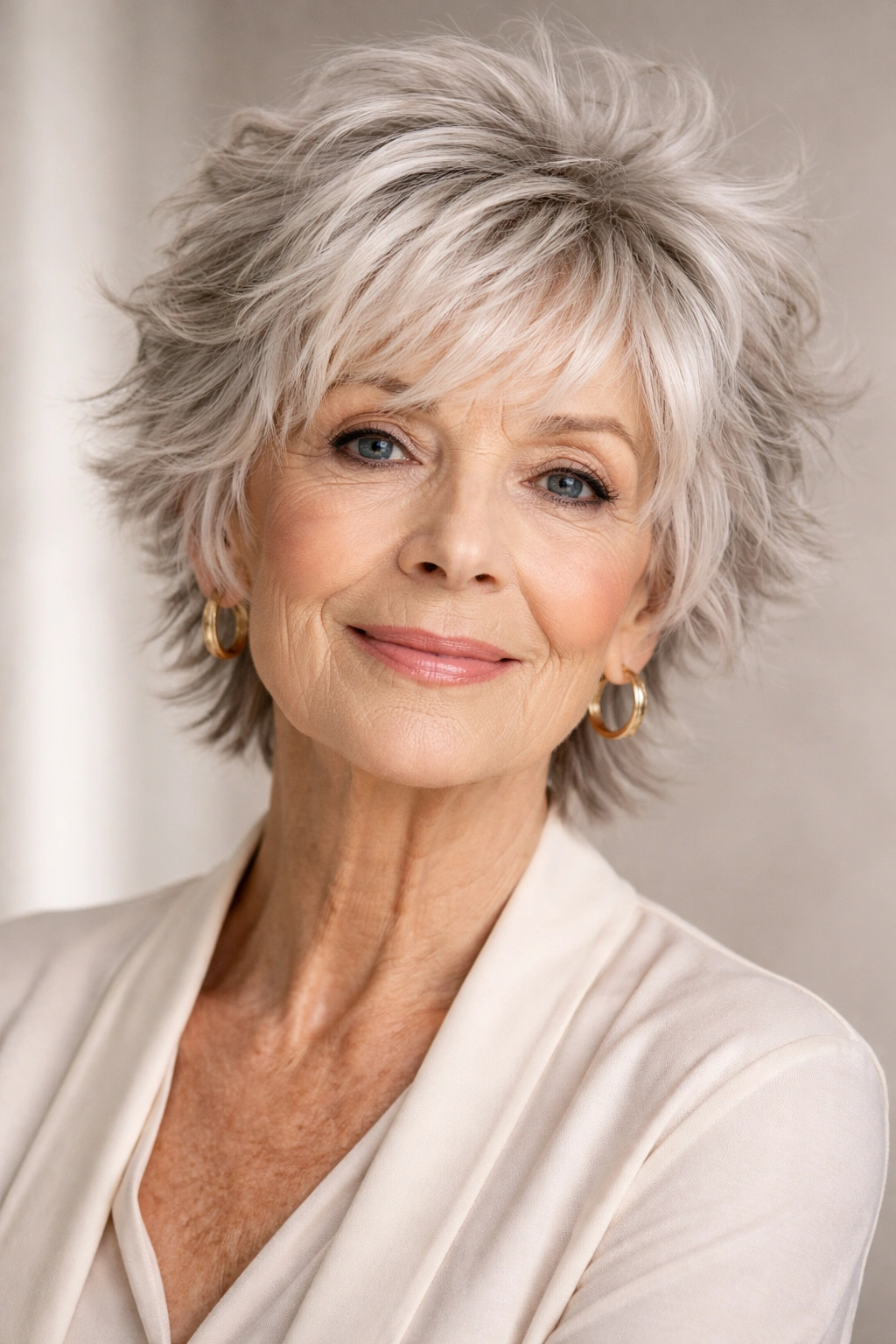 Close-up of a short shag hairstyle with choppy textured layers