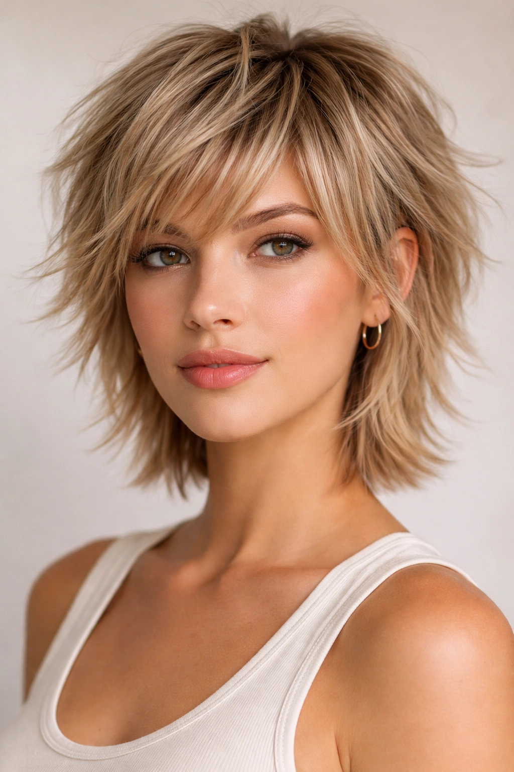 Close-up of a short shag with layered texture and crown lift