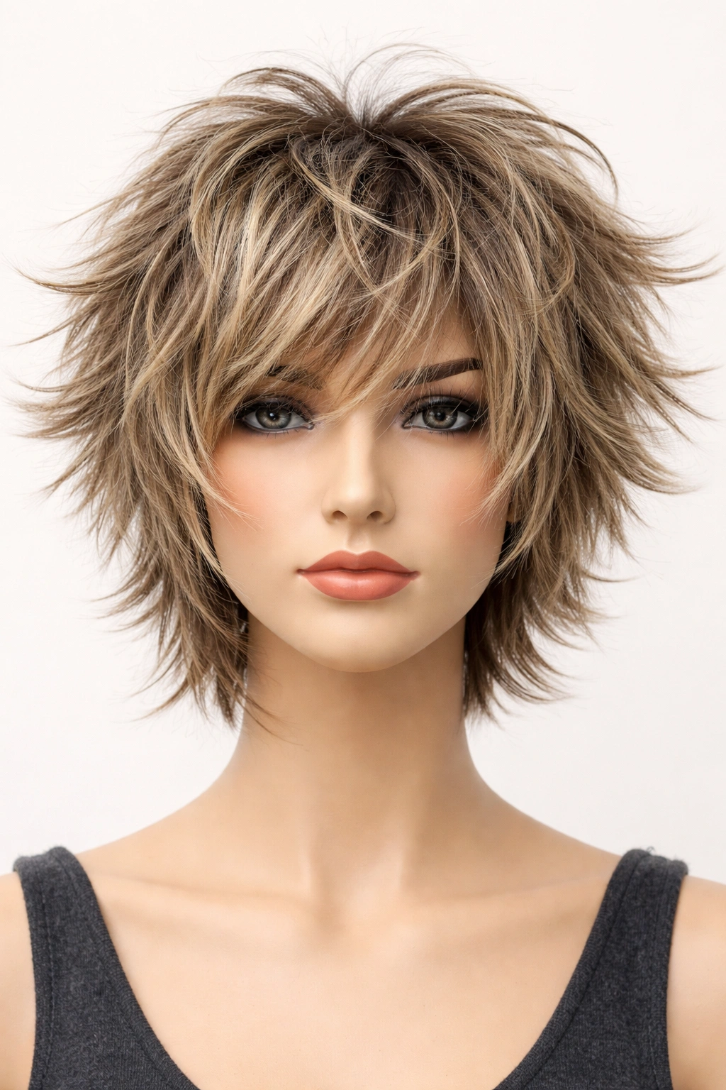 Mannequin head with short choppy shag showing lift and texture