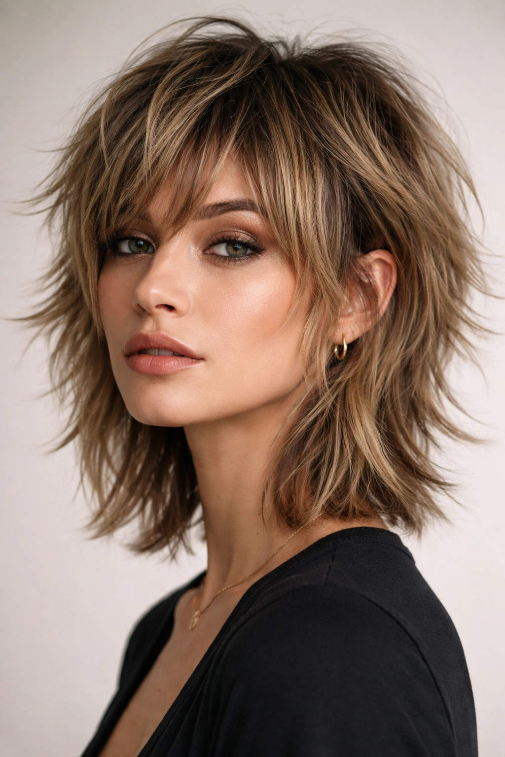 15 Choppy Short Haircuts Loaded With Texture 3 Close-up of a model wearing a short shag with dramatic layered texture.