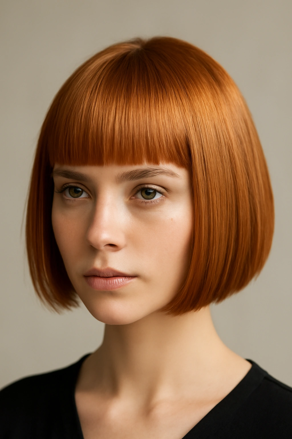 12 Short Strawberry Blonde Haircuts Women Are Loving 9 Short sleek bob with blunt bangs in strawberry blonde under bright studio light