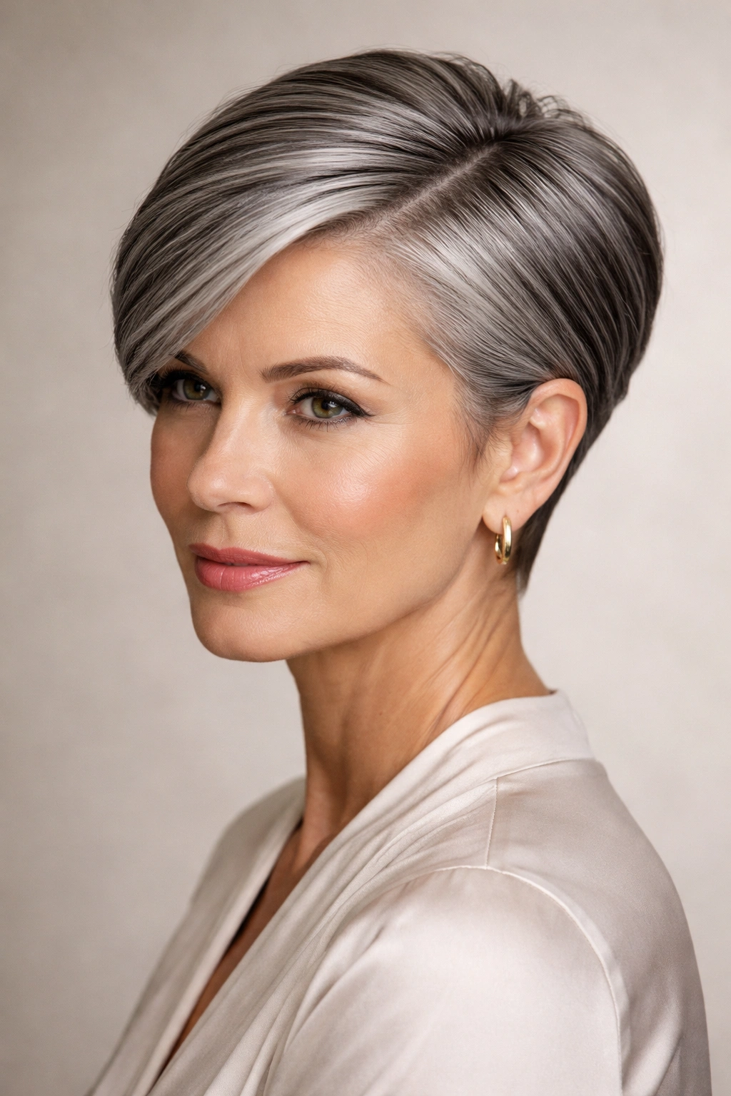 Close-up of a silver-gray short sleek haircut with a defined side part