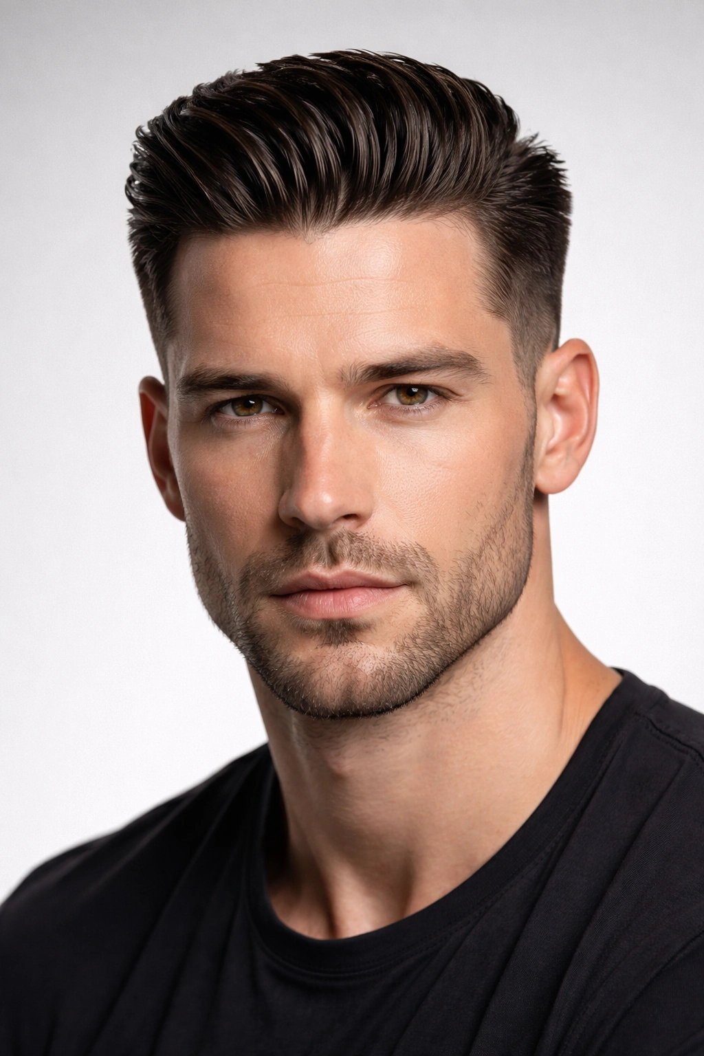 Short slick back hairstyle on a man with a square jaw and tapered sides