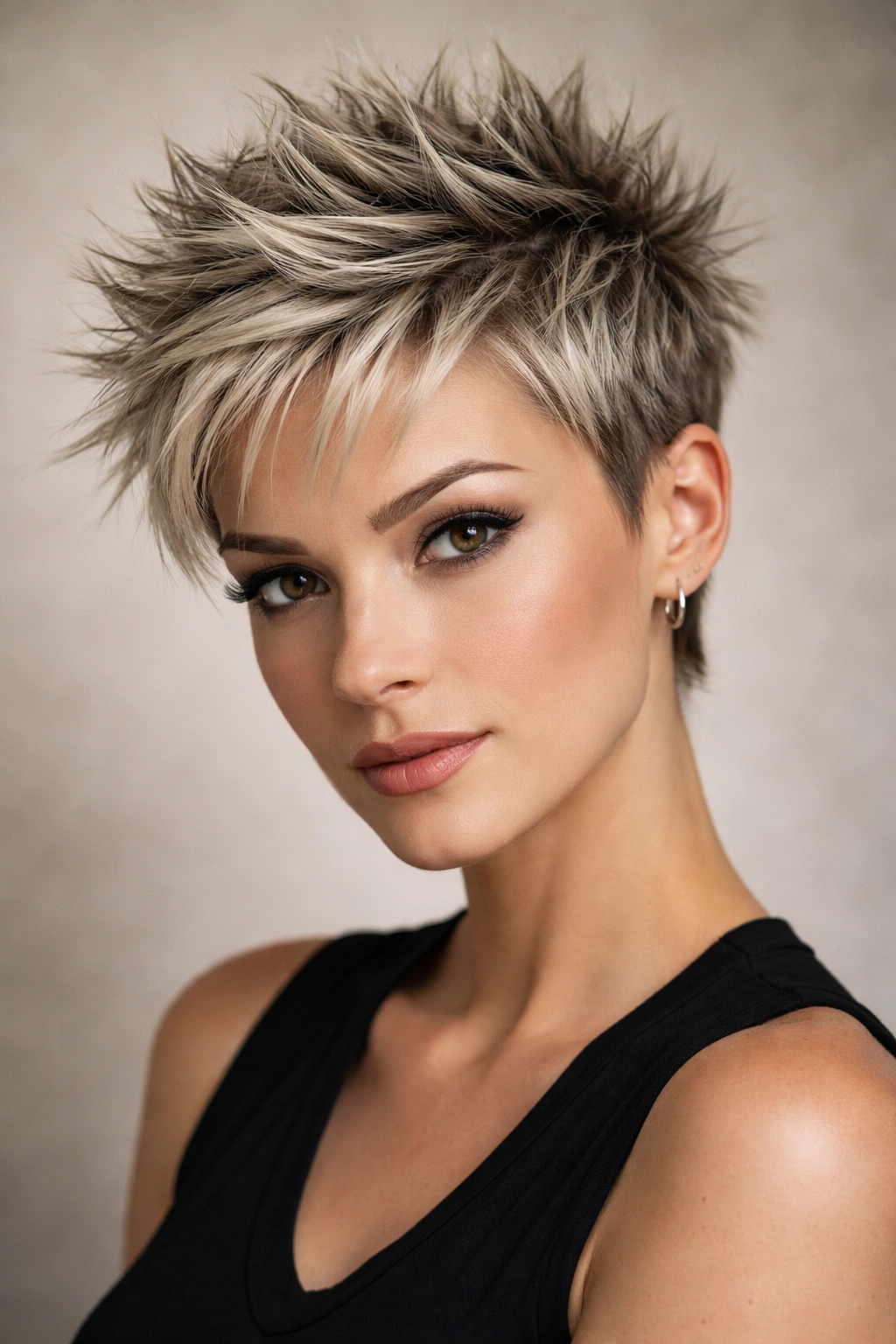25 Short Haircuts Women Can T Stop Asking For 25 Close-up portrait of a person with a short spiky cut, choppy layers styled into points with strong-hold product in a studio setting