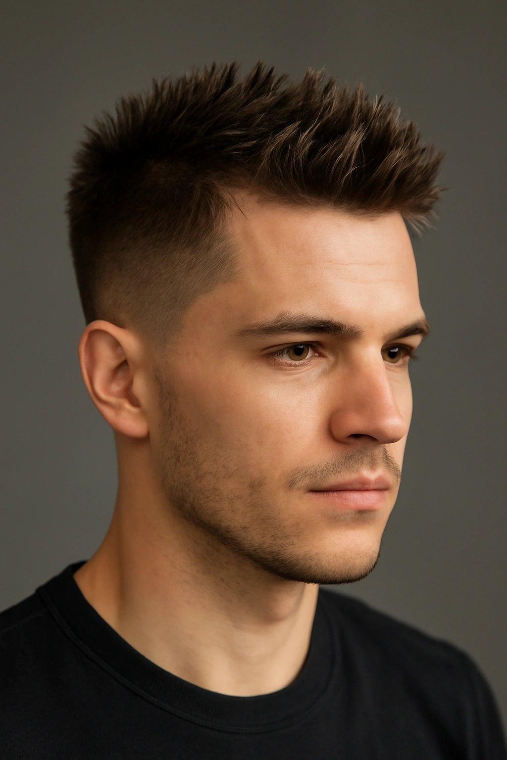 20 Men's Haircuts Matched to Face Shape and Hair Type 16 Close-up portrait of a man with short spikes on top and faded sides