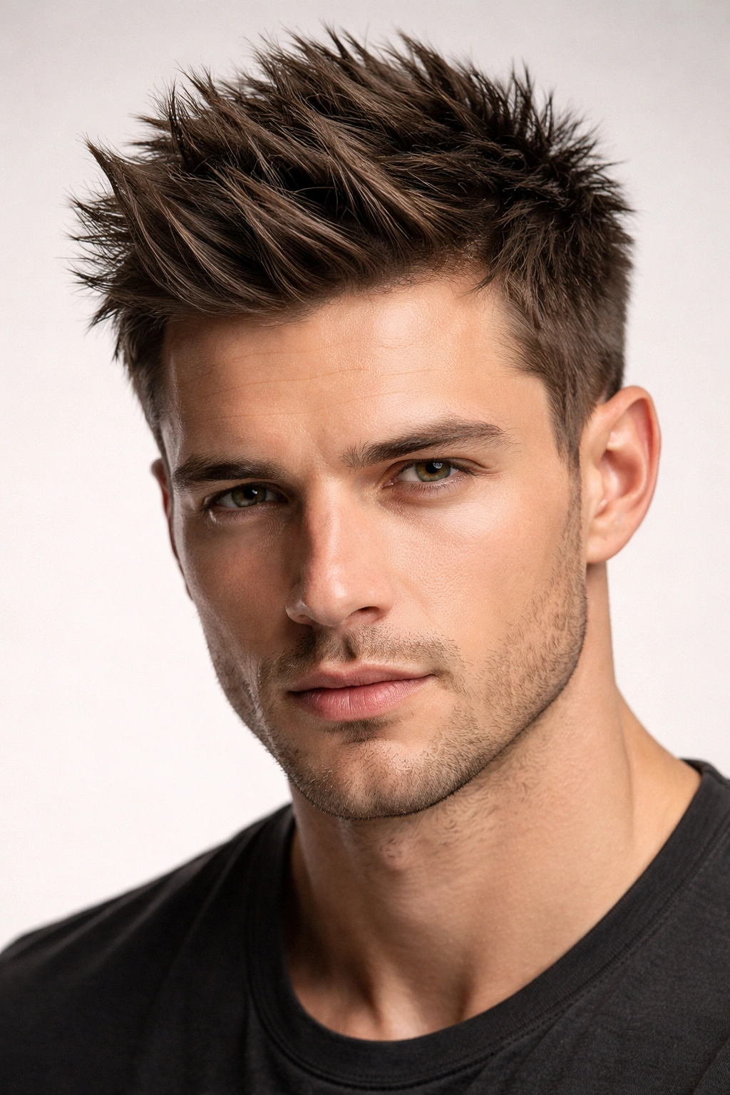 Close-up of a short spiky texture hairstyle on a male model with soft, separated spikes