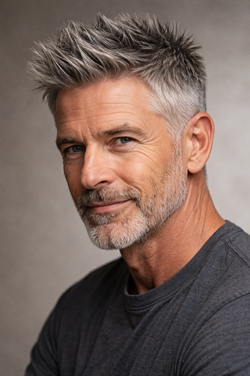 Close-up of a mature man's short spiky hairstyle with matte texture