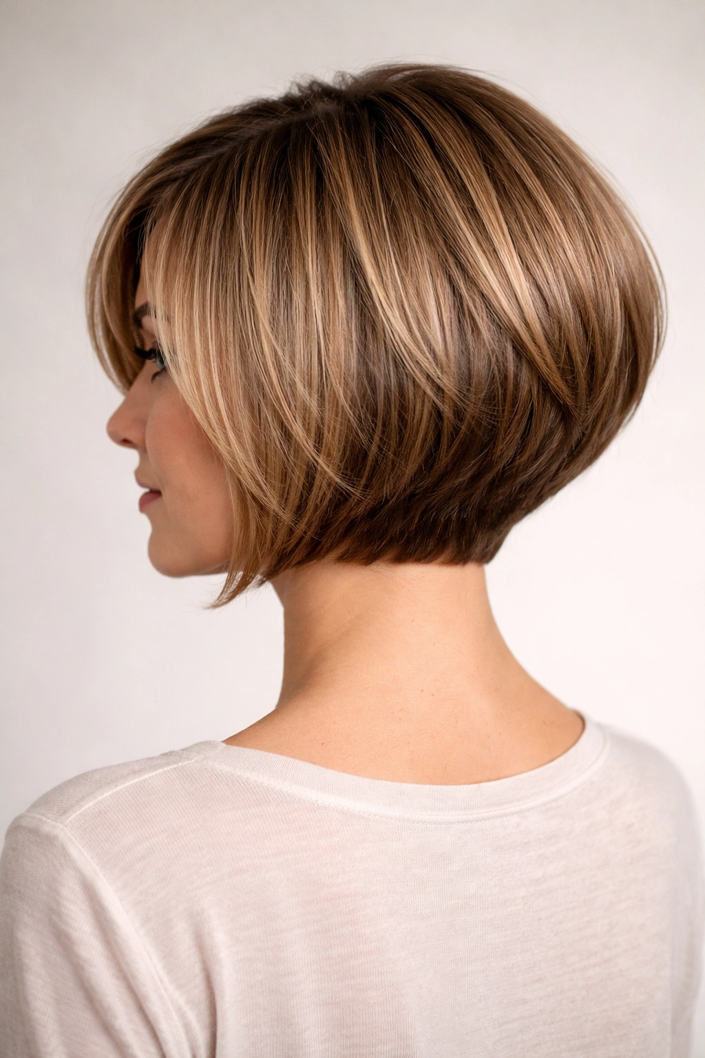 Close-up portrait of a classic short stacked bob showing chin-length cut and back volume.