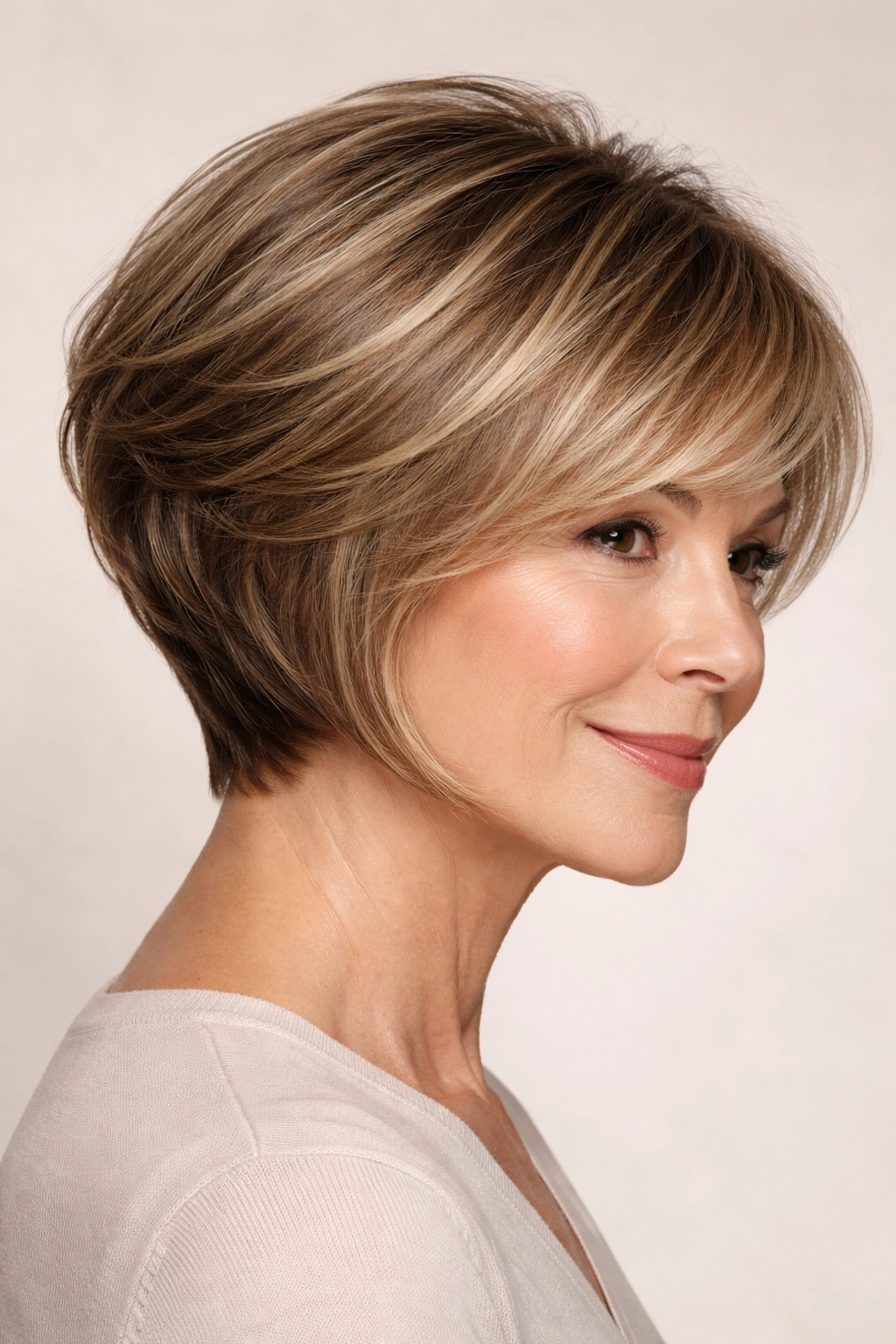 Chin-length stacked bob with back volume and caramel highlights