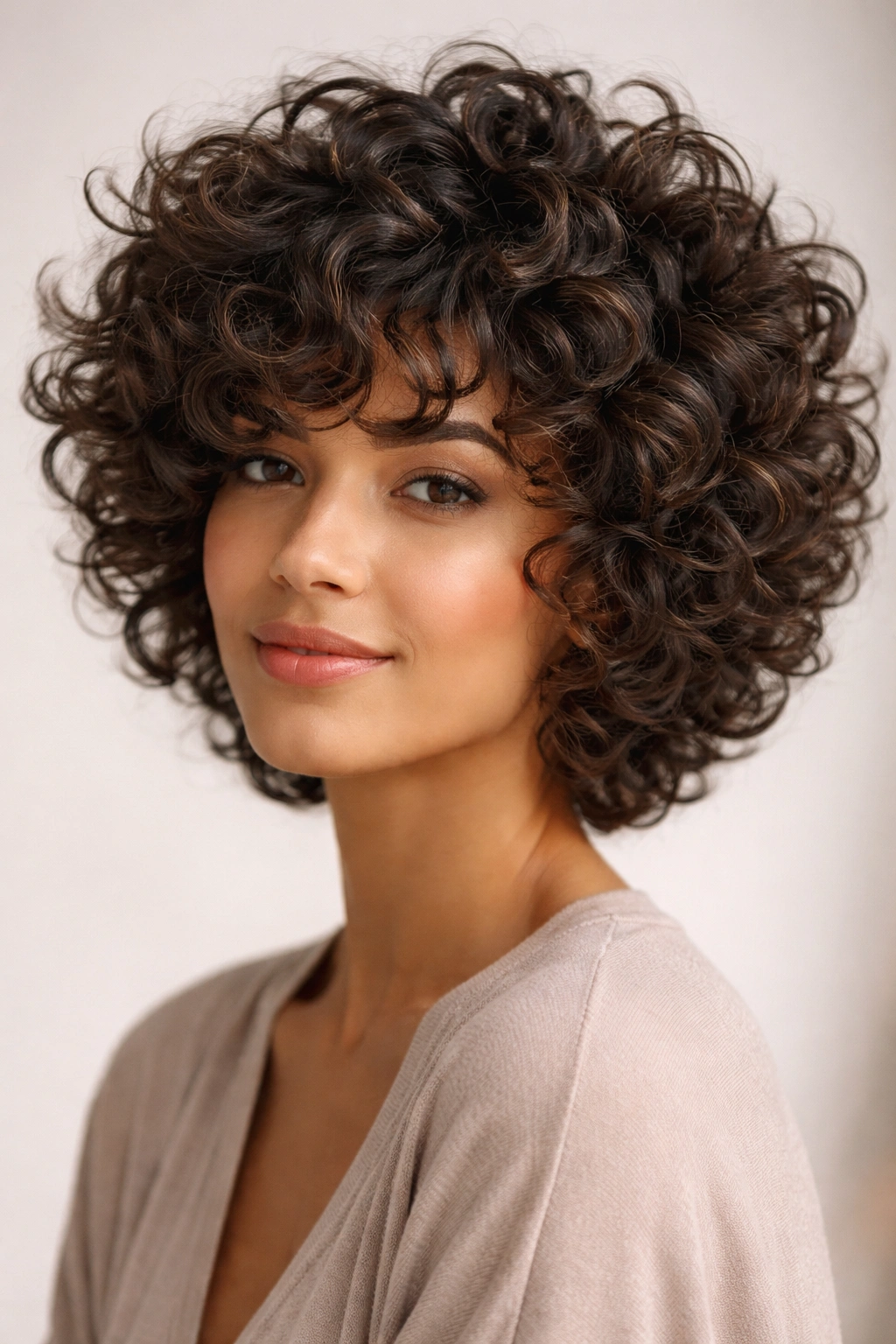 Short stacked layers on thick curls creating defined separation