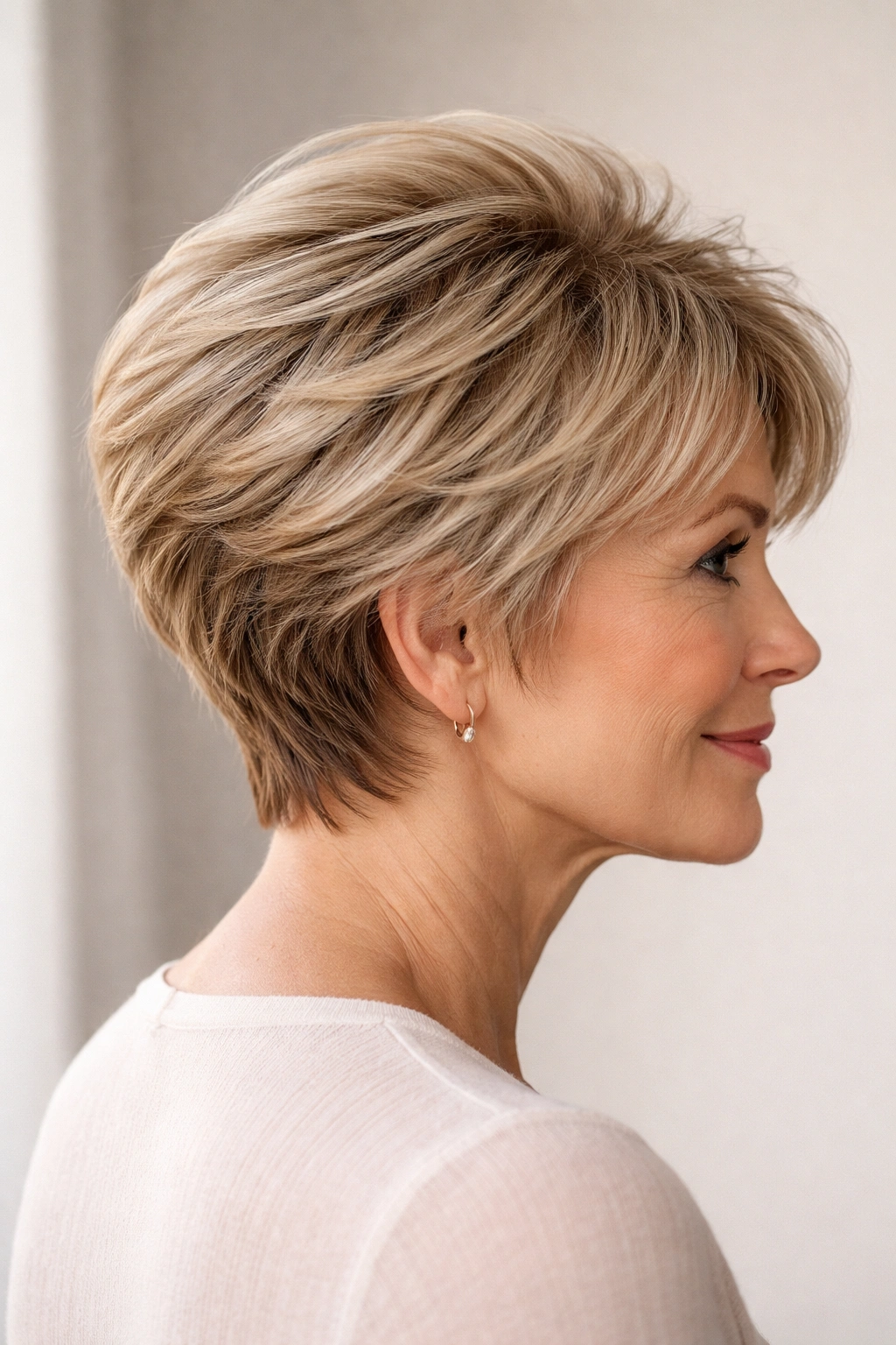 20 Volume Boosting Hairstyles For Older Women 9 Side profile of a short stacked layer haircut showing volume.