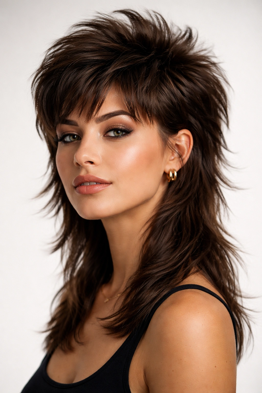 Close-up of a thick-haired model with a short stacked mullet emphasizing volumized crown