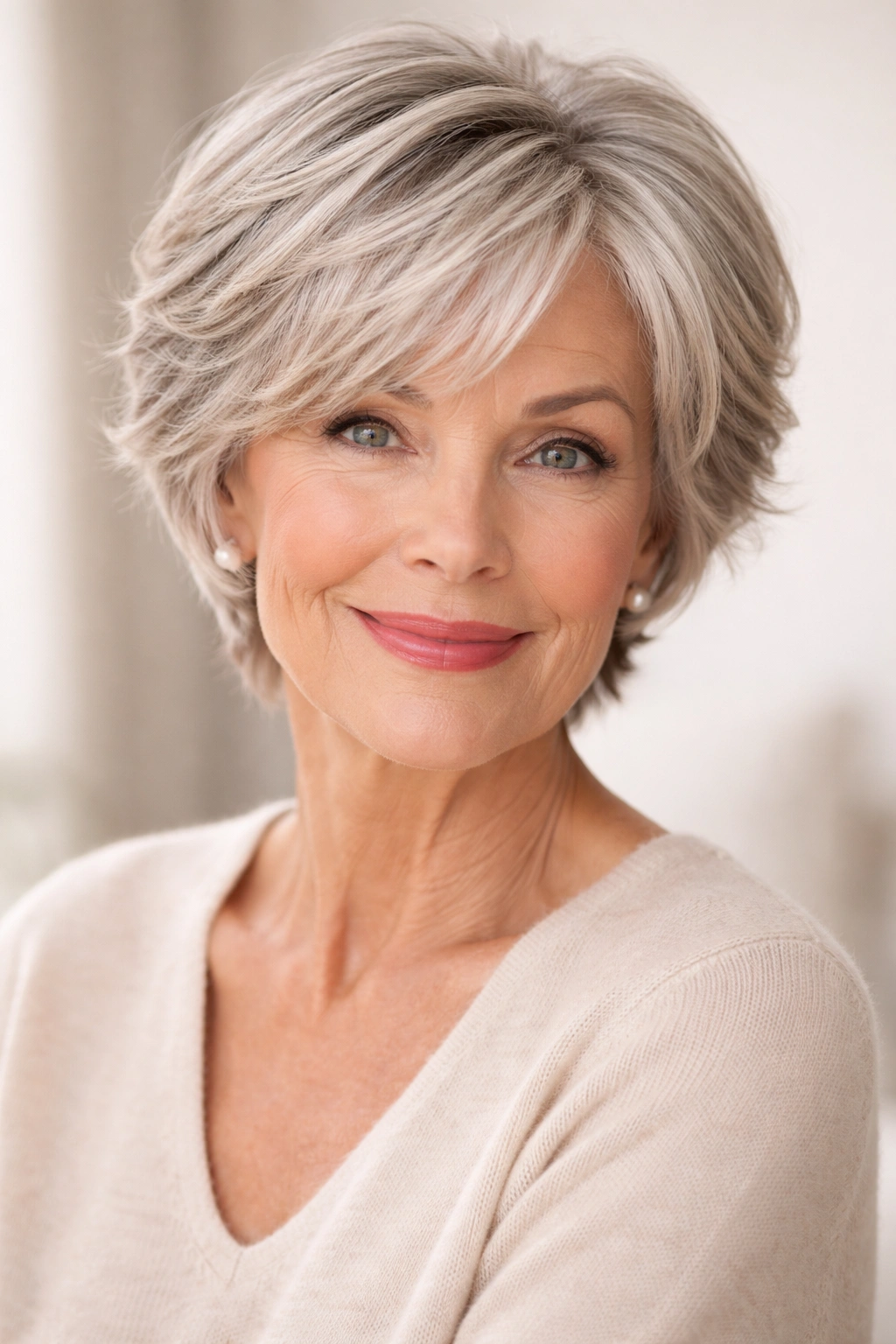 Older woman with a flattering short haircut and face-framing layers.
