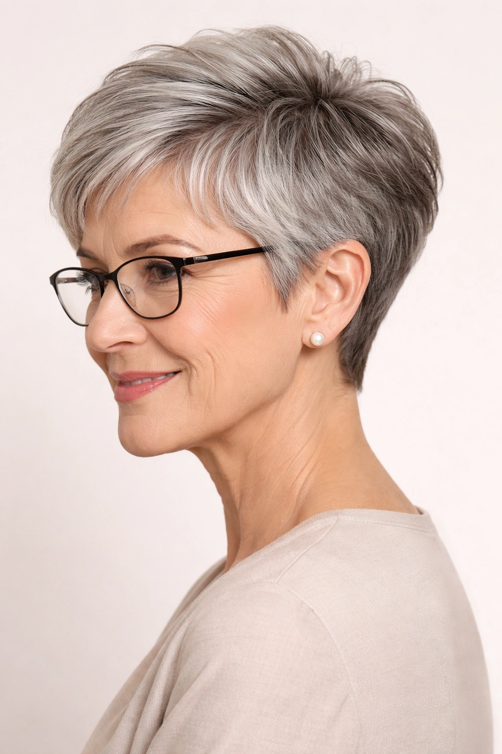Portrait of a woman with a short tapered cut showing neat nape and crown
