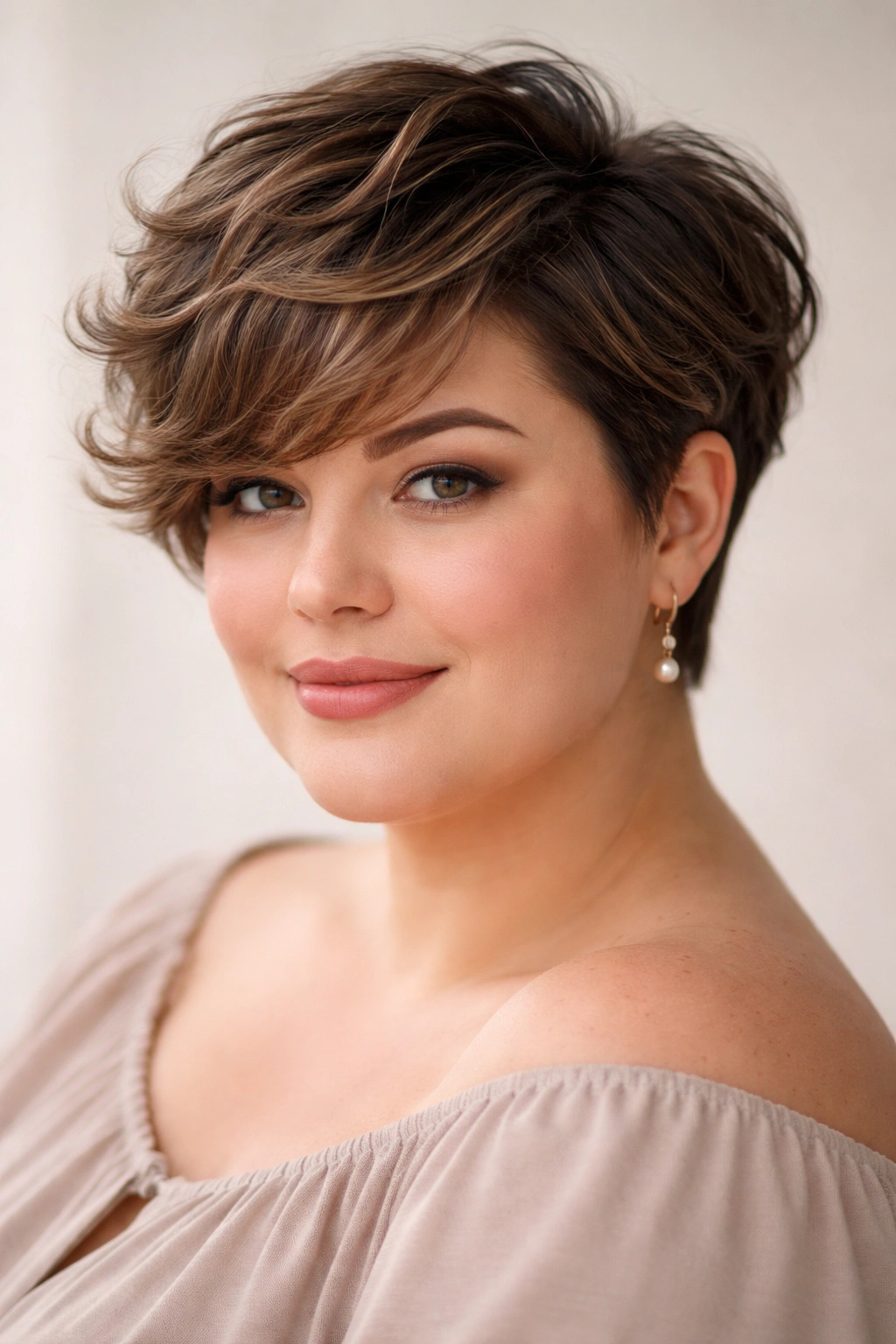 15 Flattering Short Haircuts For Plus Size Women 6 Close-up of a short tapered cut with soft waves above the ears.