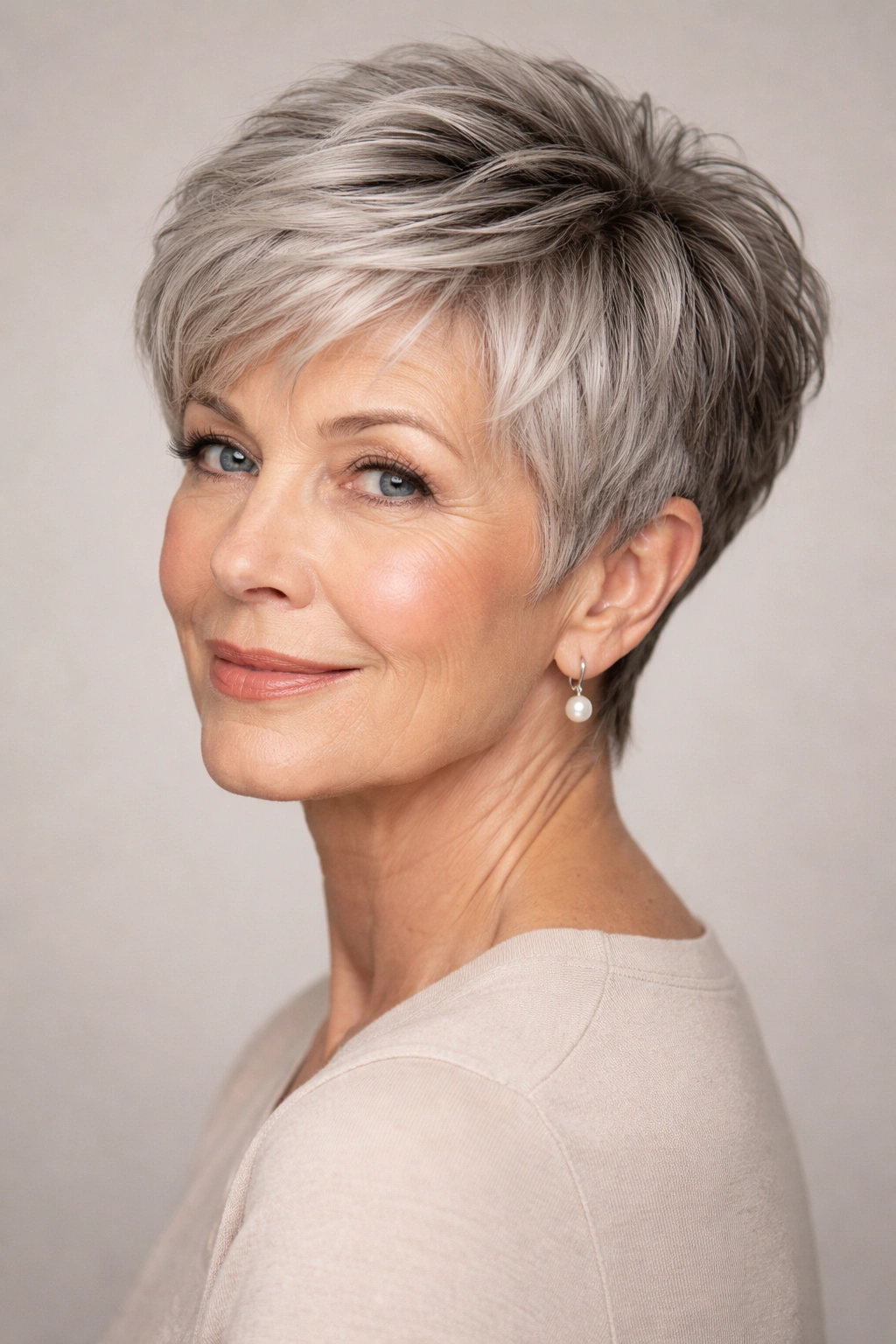 Short tapered pixie cut with longer top layers and tapered nape