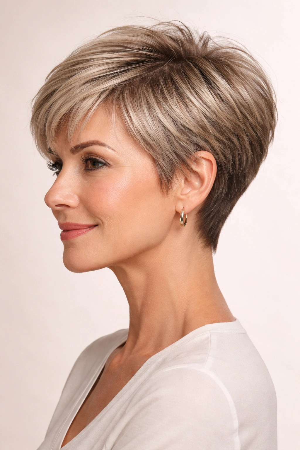 Short tapered pixie with crown fullness and tapered silhouette