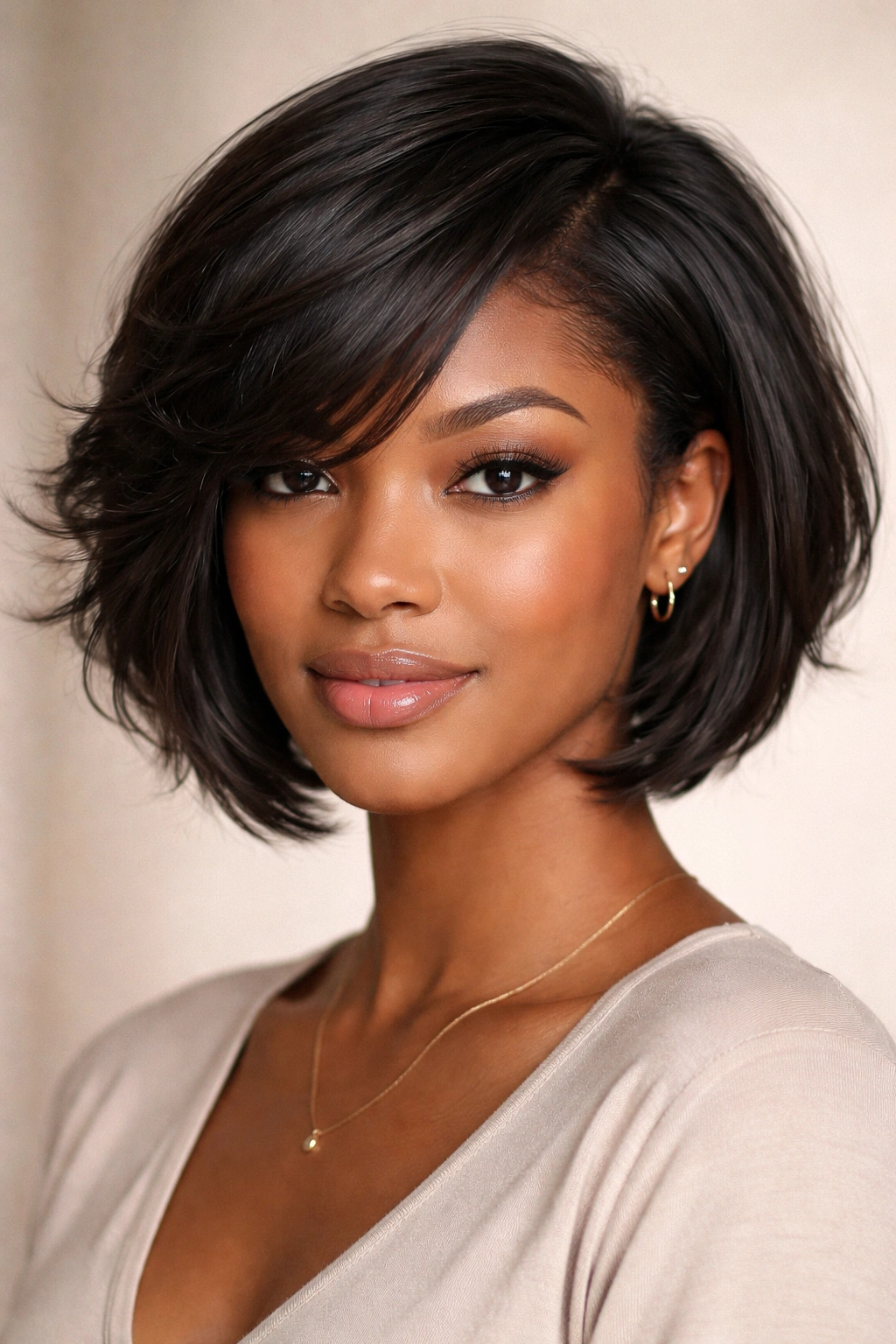 Front view of a person with a chin-length textured bob on relaxed hair.