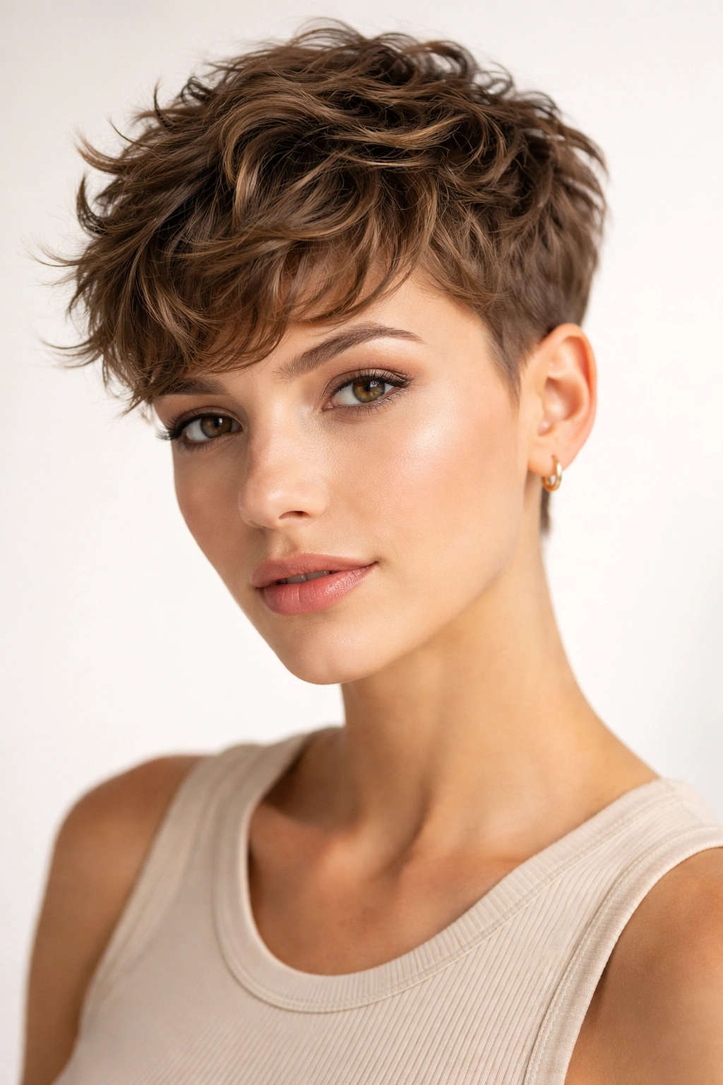 Close-up of a person with a short textured crop showing layered texture