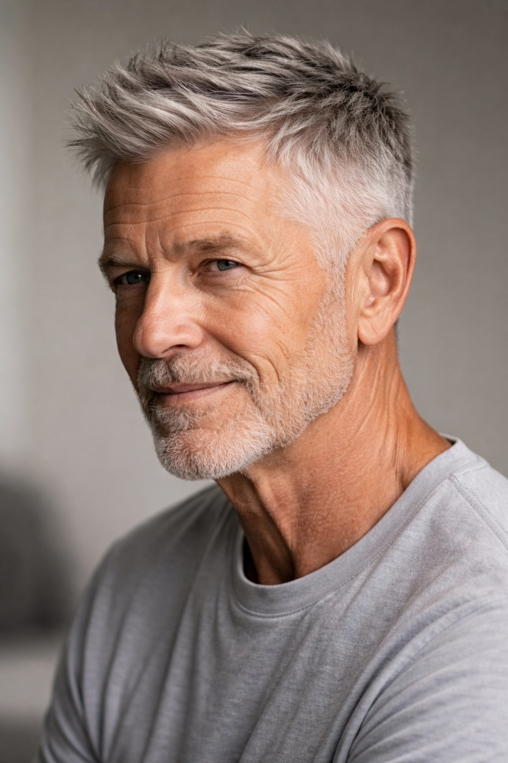 Male portrait with a short textured cut, layered top and buzzed sides