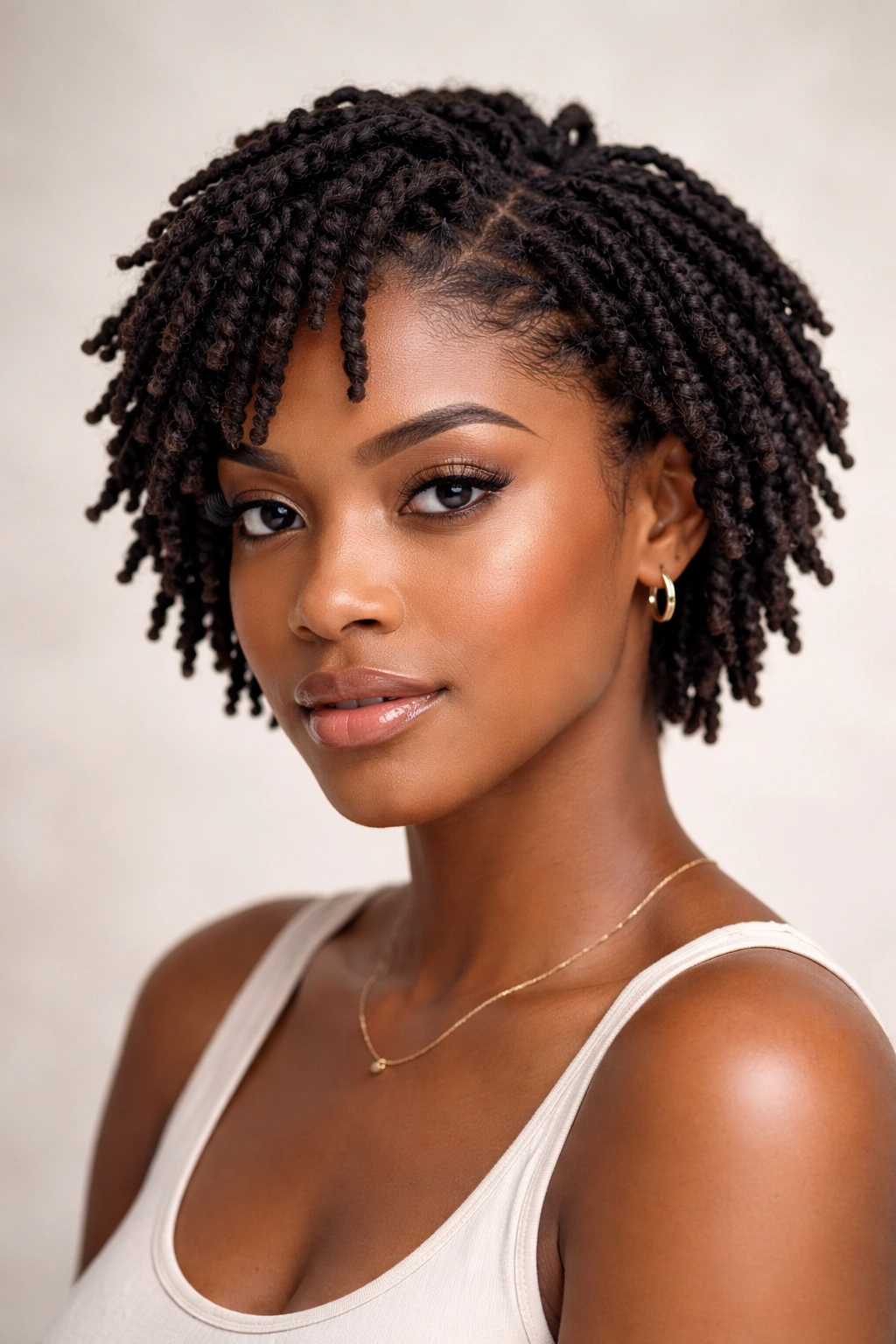 Close-up view of short textured locs showing defined coils