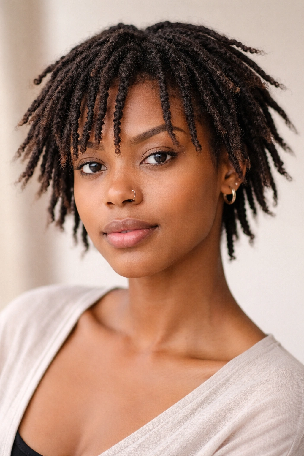 Close-up of short textured locs with loose ends and varied tip texture