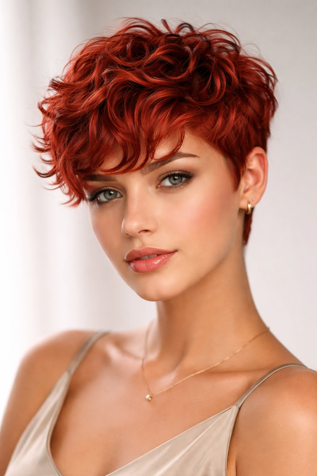 Close-up of red short textured perm cut with visible waves and depth.