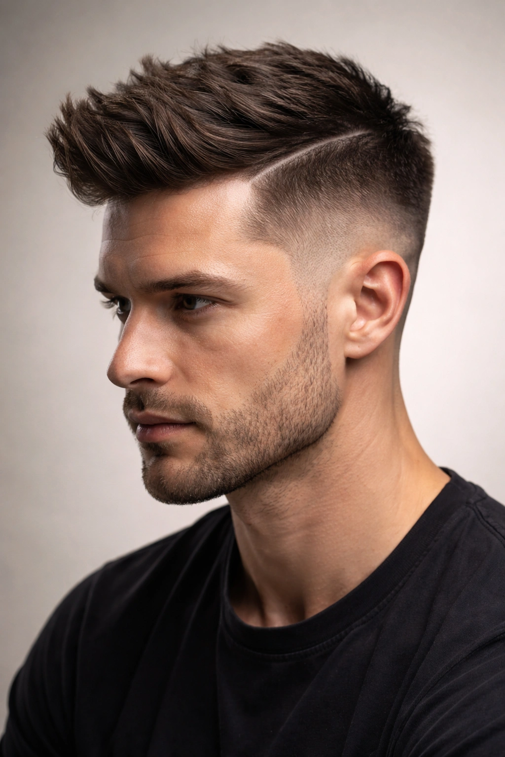 Close-up profile of a man with a short textured quiff and a distinct hard part.